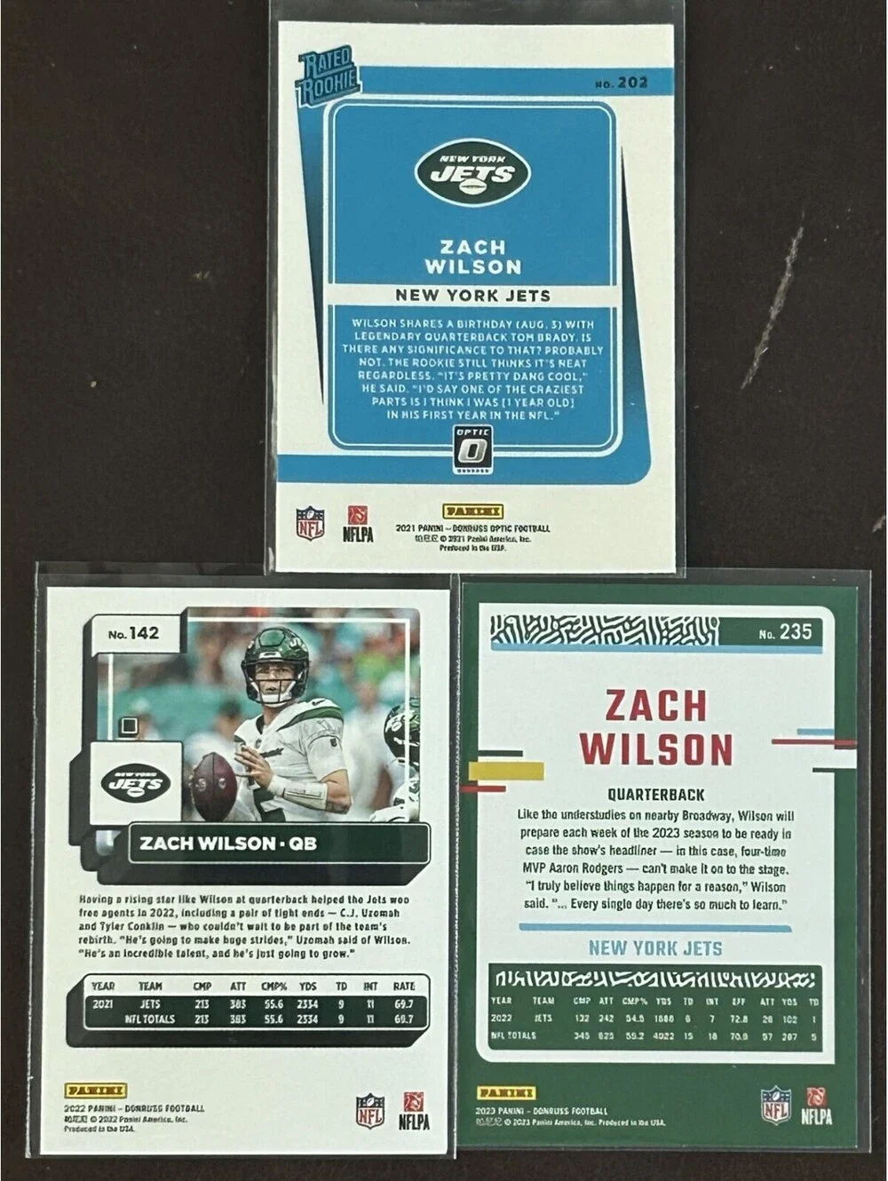 NFL JETS QB 2021 ZACH WILSON PANINI DONRUSS RATED ROOKIE OPTIC RC+ 3 CARD LOT NM